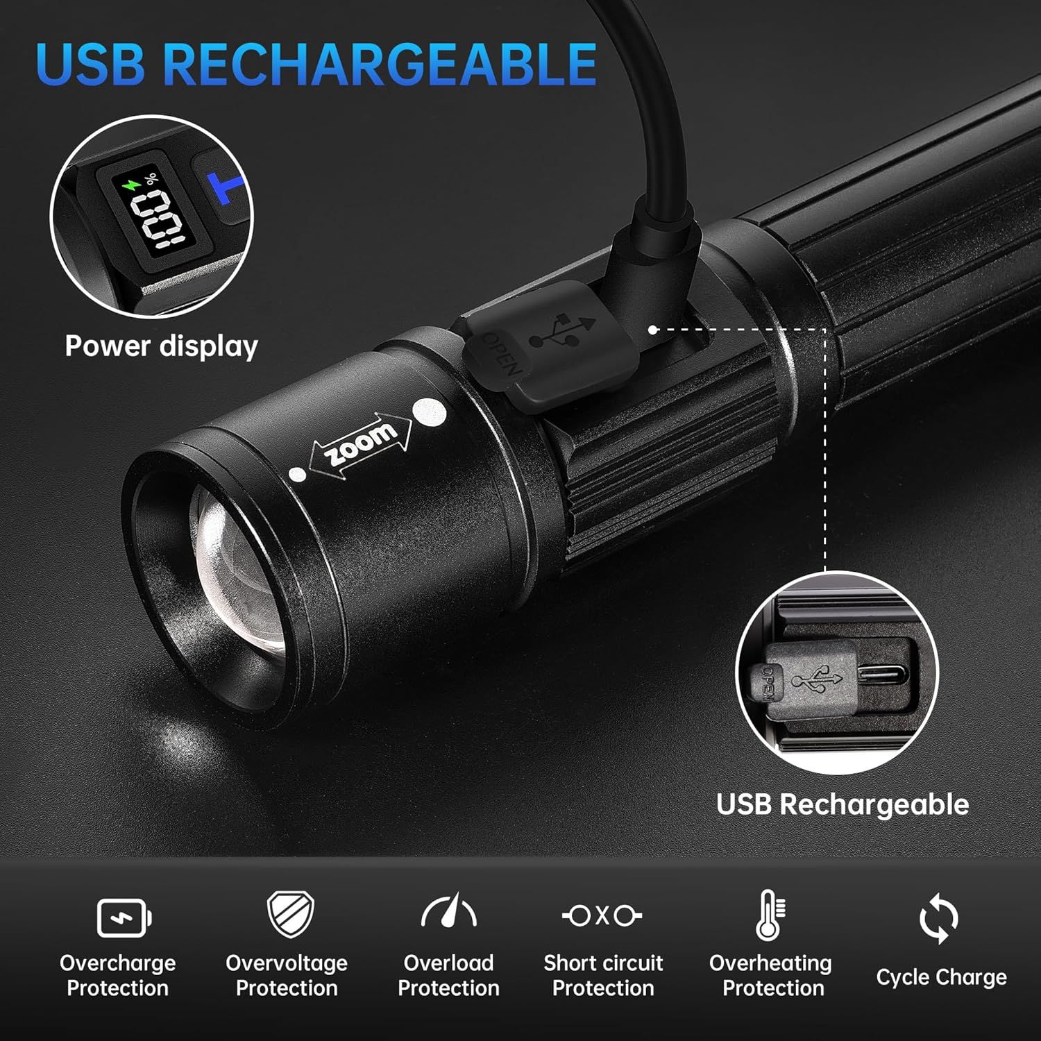 Communicates multiple key features of the flashlight including USB rechargeability, power display, zoom capability, and comprehensive safety protections to reassure shoppers of the product's…