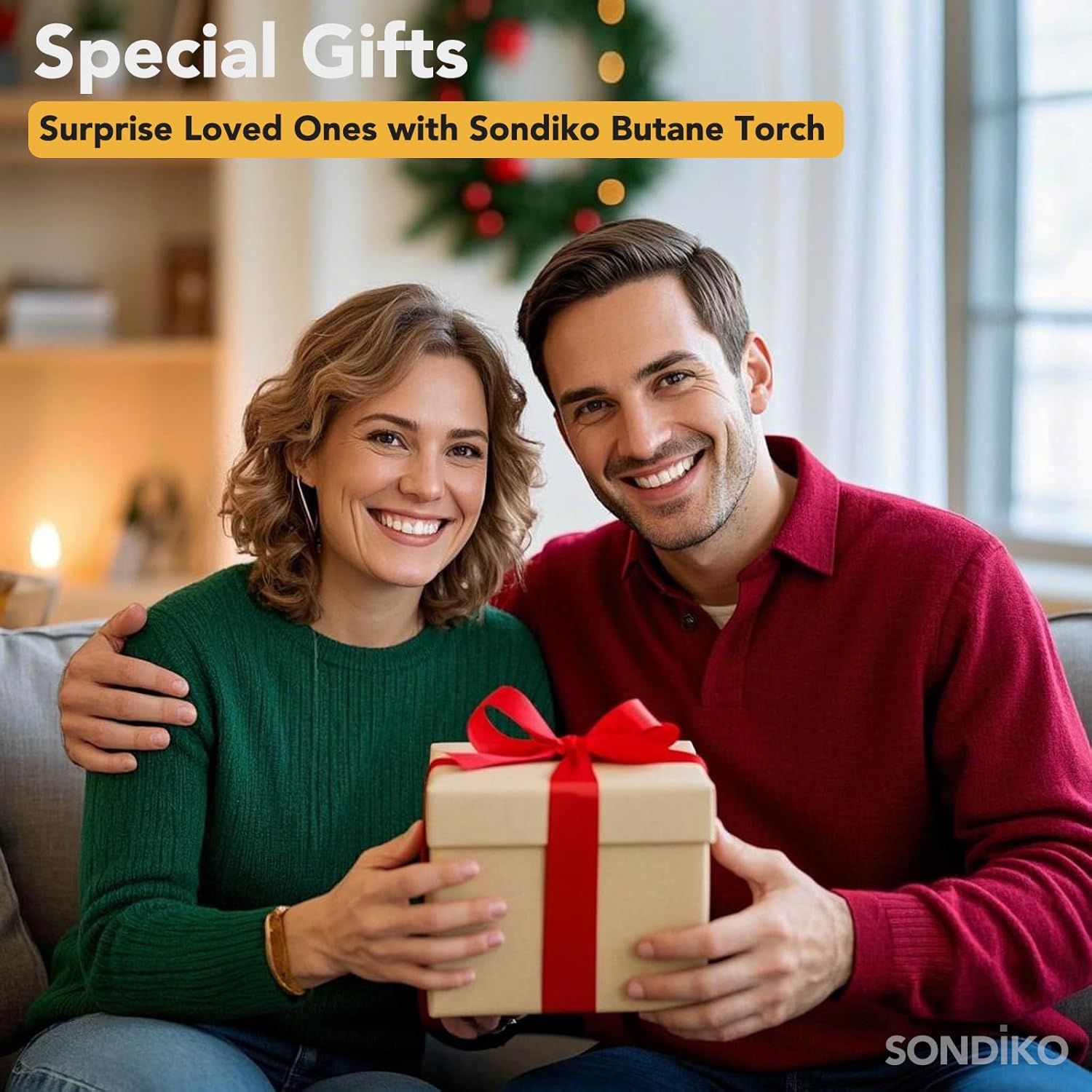 Positions the Sondiko Butane Torch as a perfect gift for loved ones during the holiday season, creating emotional appeal through festive imagery and gift-giving context.
