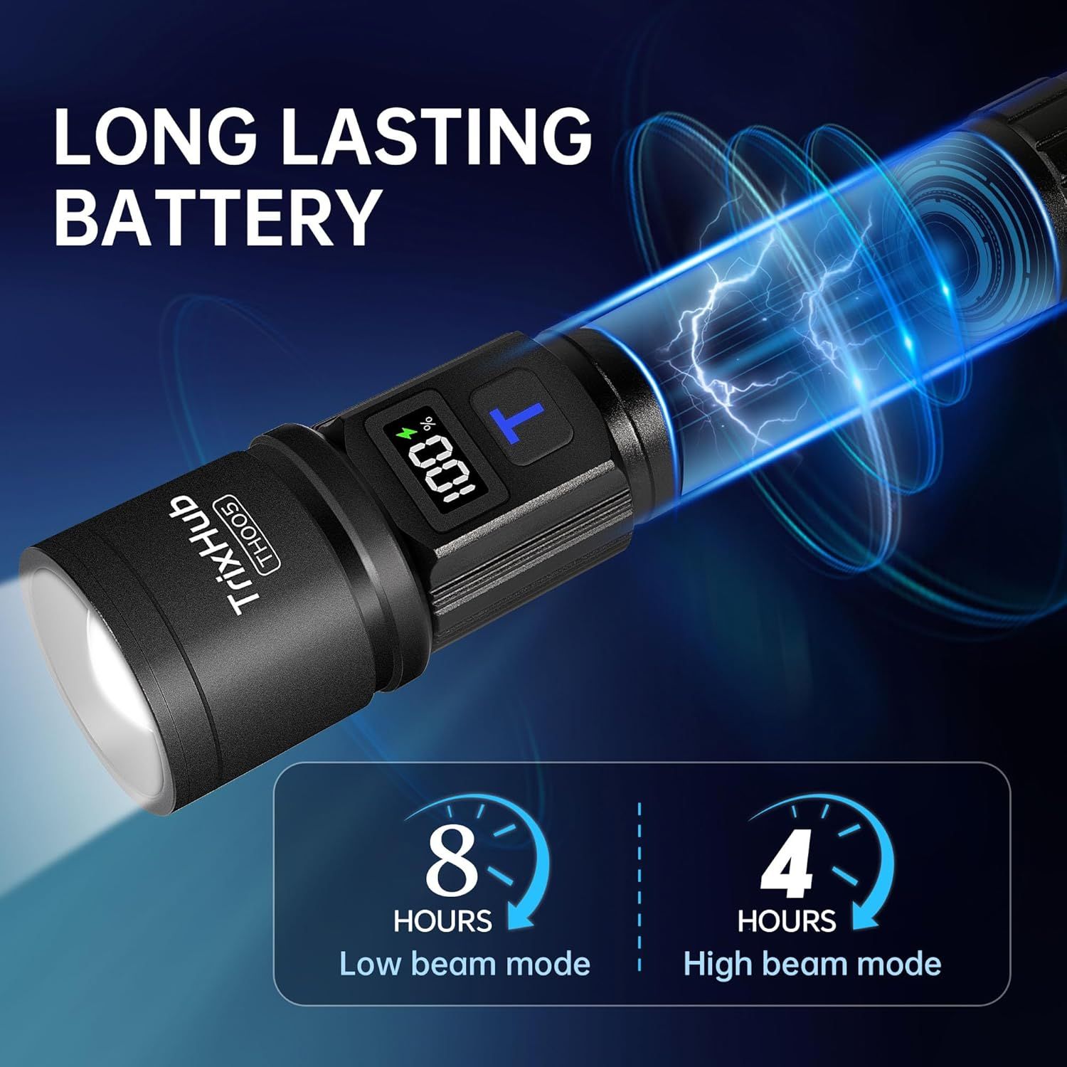 Communicates the flashlight's impressive battery performance with specific runtime metrics (8 hours low beam, 4 hours high beam) to reassure shoppers of long-lasting power and reliability.…