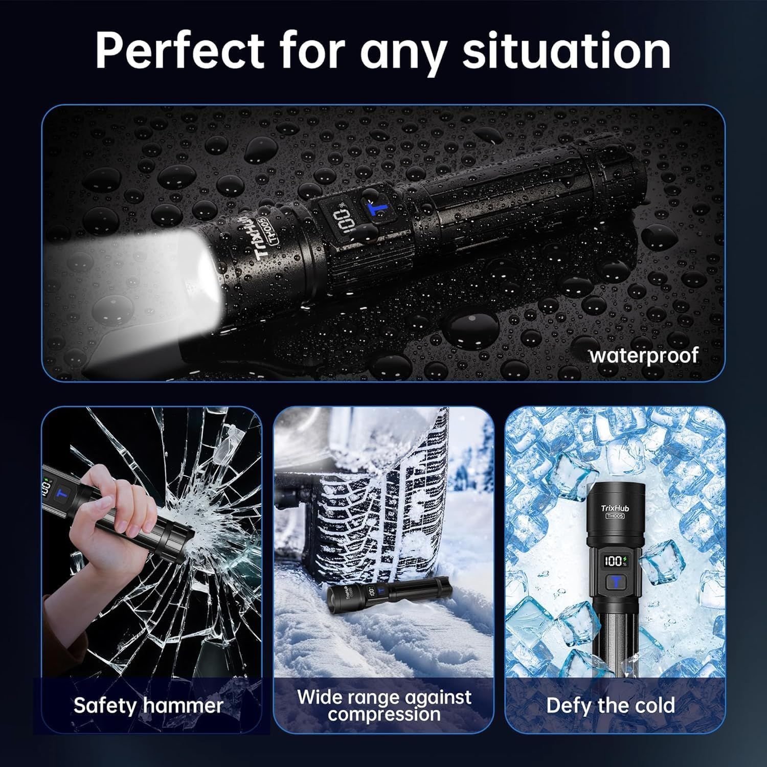 Demonstrates the flashlight's versatility across multiple real-world scenarios (waterproof, emergency glass breaking, winter/cold conditions) to reassure shoppers it's suitable for any situation.