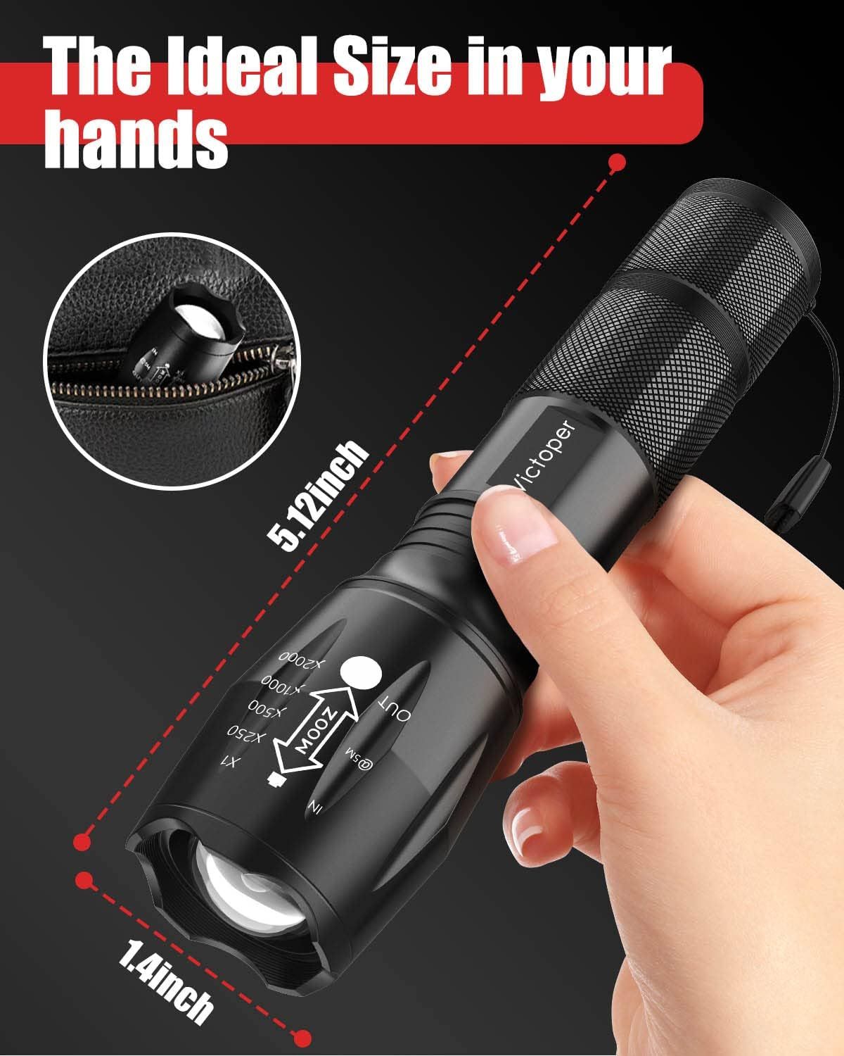 Demonstrates the flashlight's compact, portable size with exact measurements (5.12 inches length, 1.4 inches width) to reassure shoppers it's easy to carry and fits comfortably in hand. Highlights…