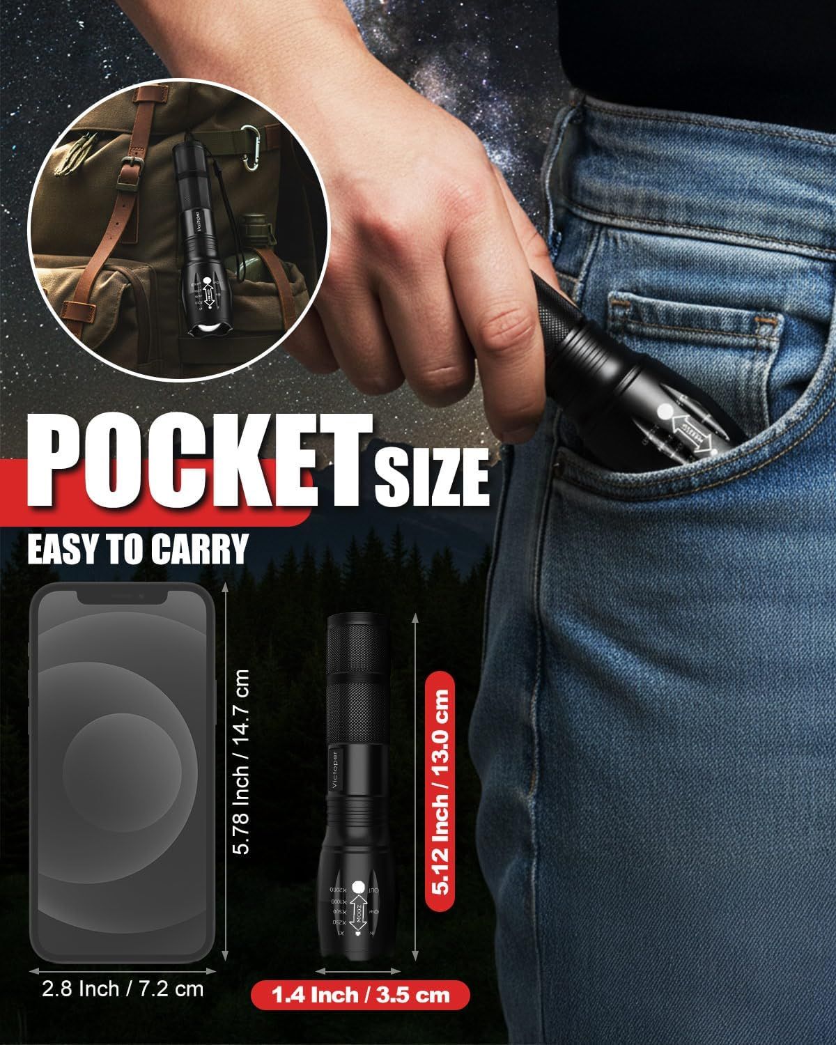 Demonstrates that the flashlight is small enough to fit in a pocket, making it highly portable and convenient for everyday carry. Reinforces the key benefit of portability by showing the flashlight…