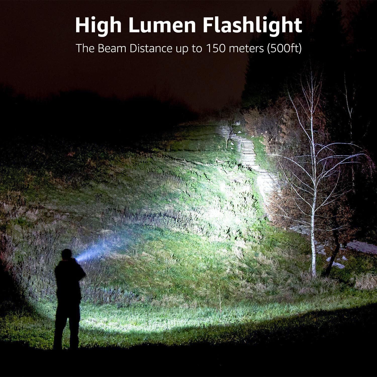 Demonstrates the flashlight's powerful performance by showing its beam can reach up to 150 meters (500ft), reassuring shoppers of its long-range capability for outdoor and emergency use.…