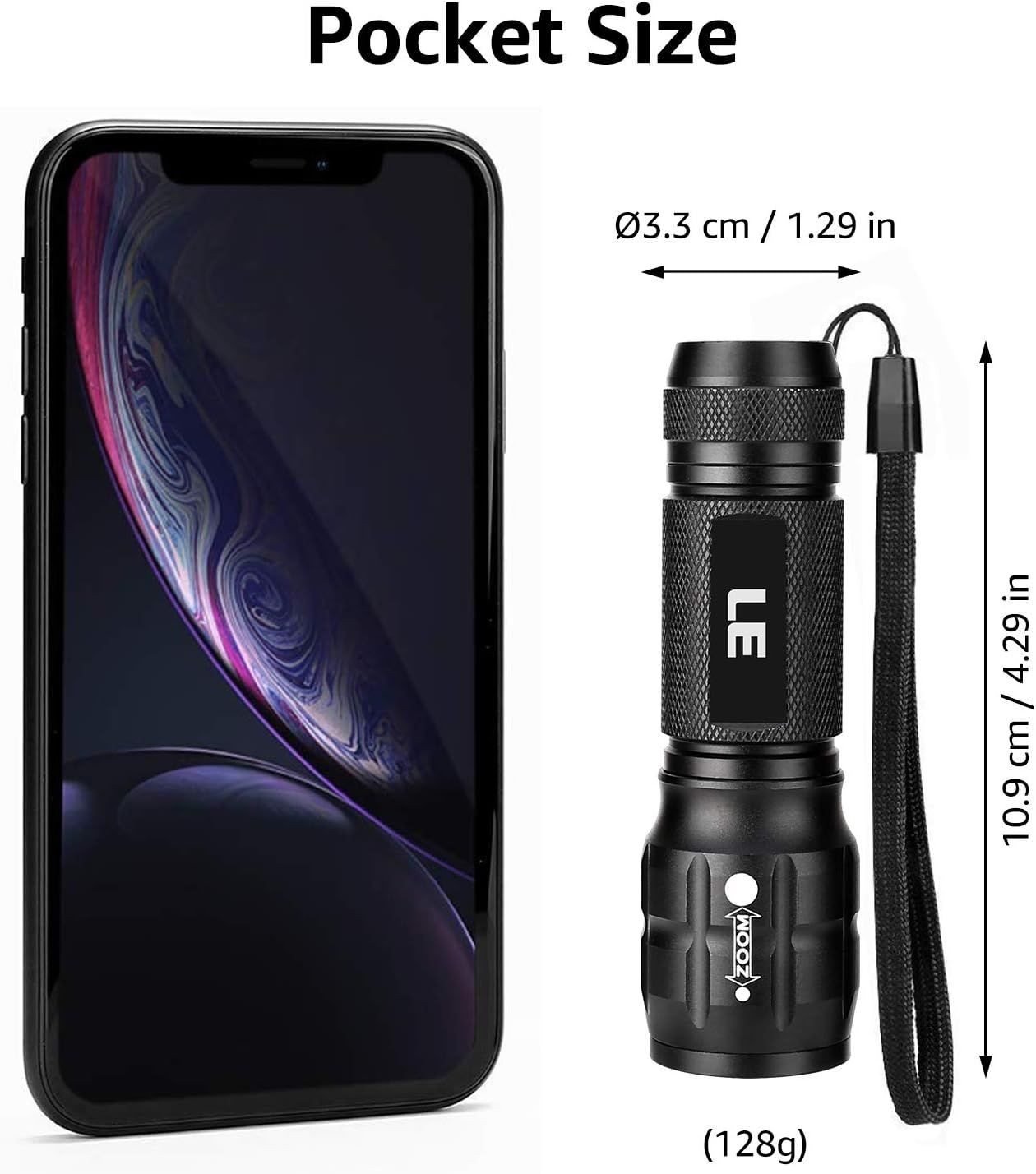Demonstrates the flashlight's compact, pocket-friendly size by comparing it to a smartphone, reassuring shoppers that it's highly portable and easy to carry.