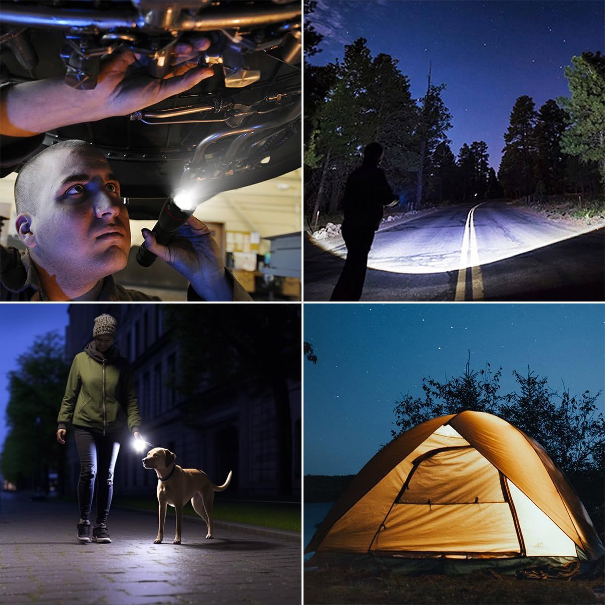 Demonstrates the versatility of the flashlight/lighting product by showing it in four distinct real-world scenarios—automotive work, outdoor navigation, nighttime dog walking, and camping—to…