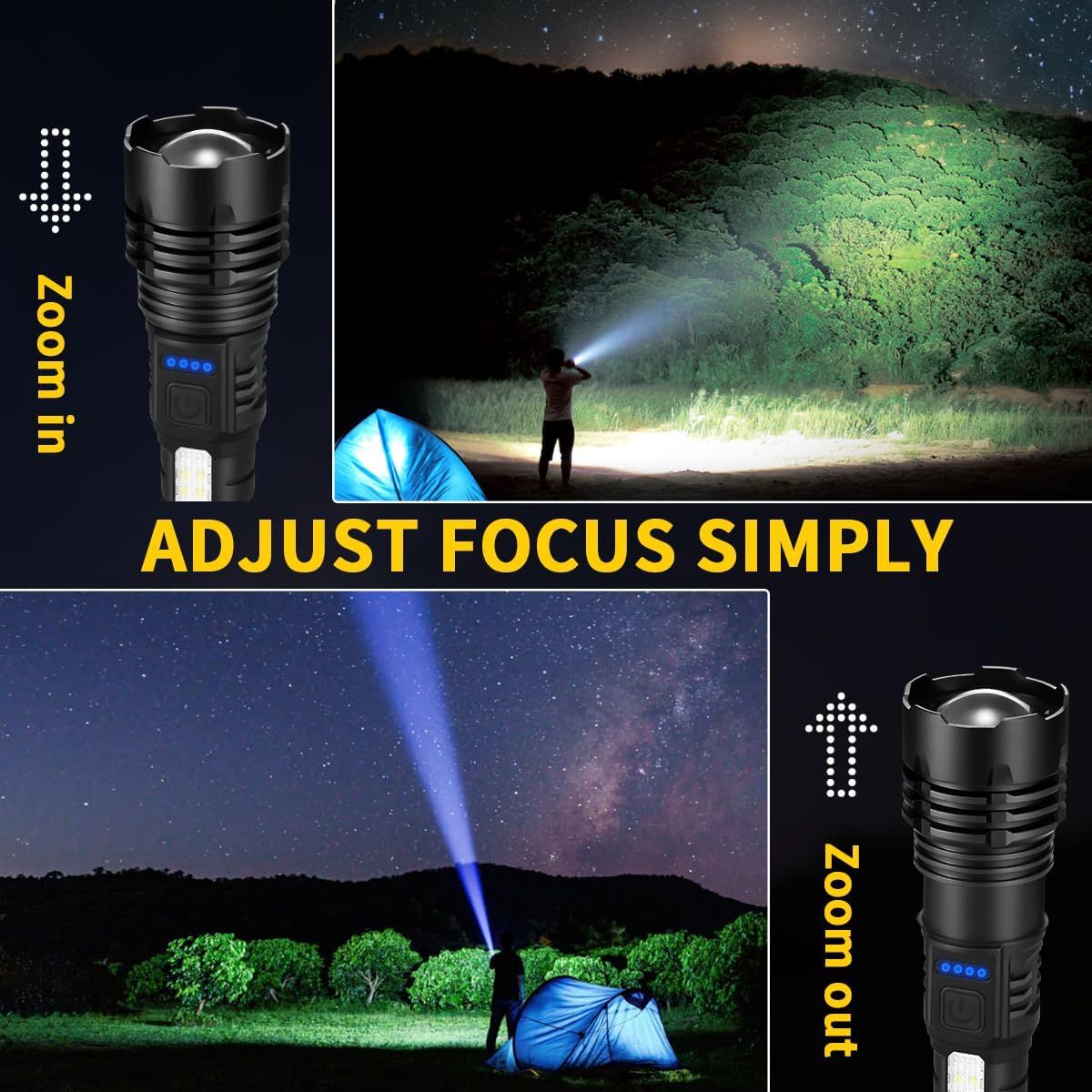 Demonstrates the flashlight's adjustable focus capability, showing how it can zoom in for a concentrated beam or zoom out for wide area illumination, making it versatile for outdoor activities like…