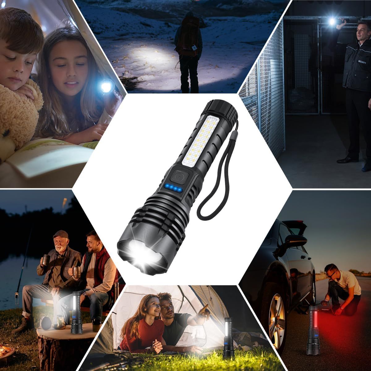 Demonstrates the flashlight's versatility across multiple real-world scenarios including camping, outdoor activities, security, emergency roadside situations, tent lighting, and indoor use,…
