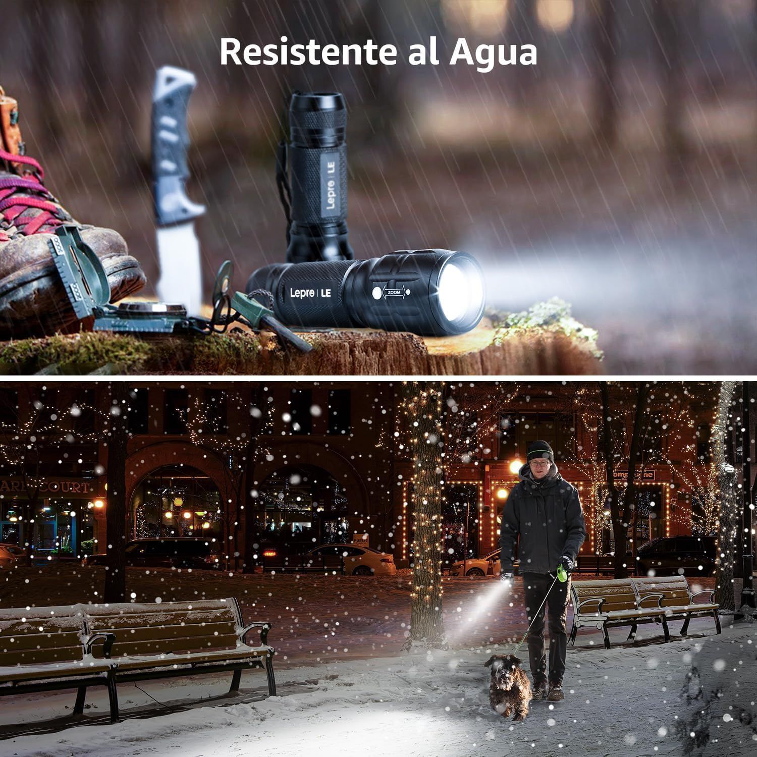 Communicates that the flashlight is water-resistant and can withstand rain and wet conditions, reassuring shoppers it's durable for outdoor use. Demonstrates multiple real-world use cases for the…