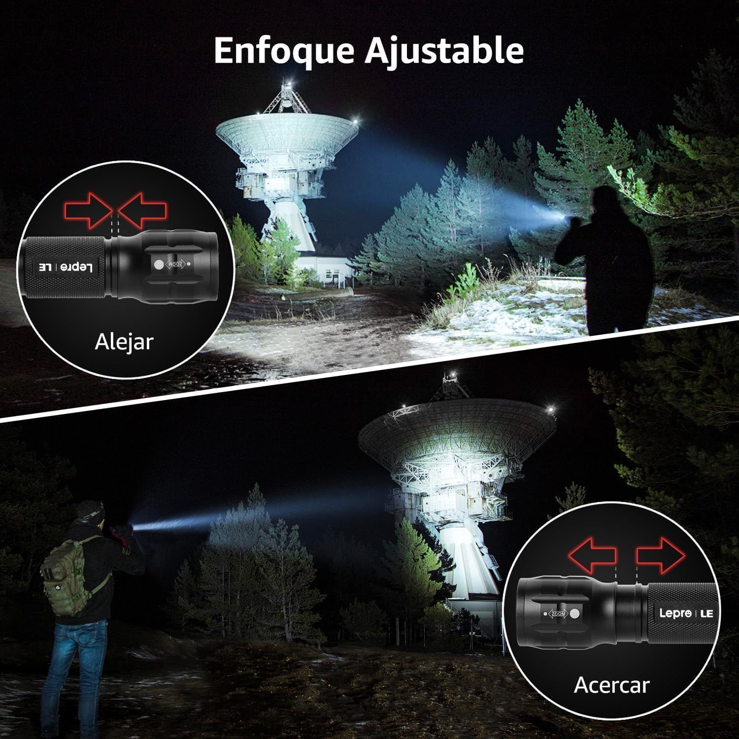 Demonstrates the flashlight's adjustable focus feature, showing how users can zoom in for a concentrated beam or zoom out for a wider flood beam to suit different lighting needs.