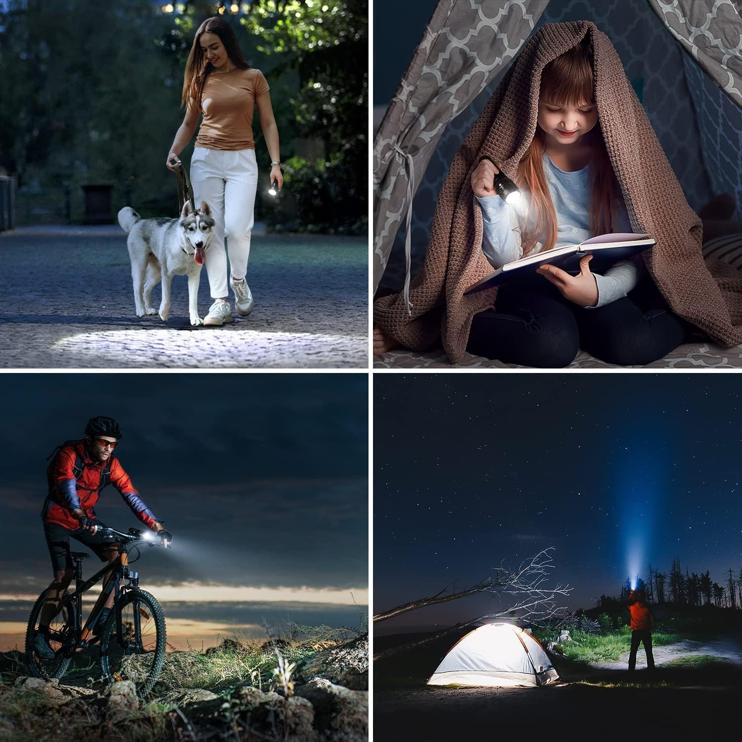 Demonstrates the product's versatility across multiple outdoor and indoor scenarios, showing it can be used for dog walking at night, reading in a tent, biking, and camping to reassure shoppers of…