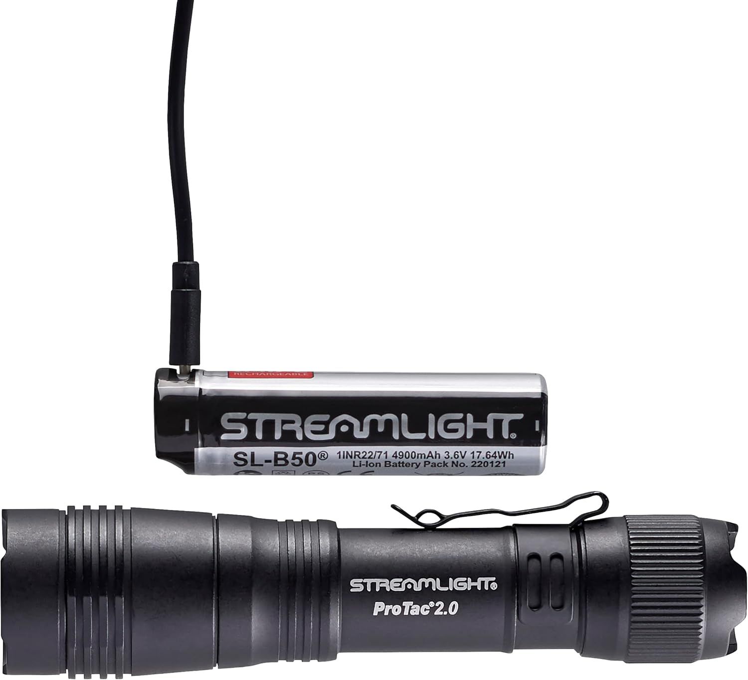 Shows the customer what is included in the purchase: a rechargeable battery pack and the ProTac 2.0 flashlight, helping them understand the complete kit they will receive.