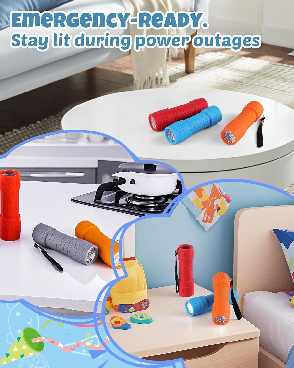 Demonstrates the versatility of the flashlights by showing them in multiple real-world emergency scenarios throughout the home—bedroom, kitchen, and children's room—to reassure shoppers they'll be…