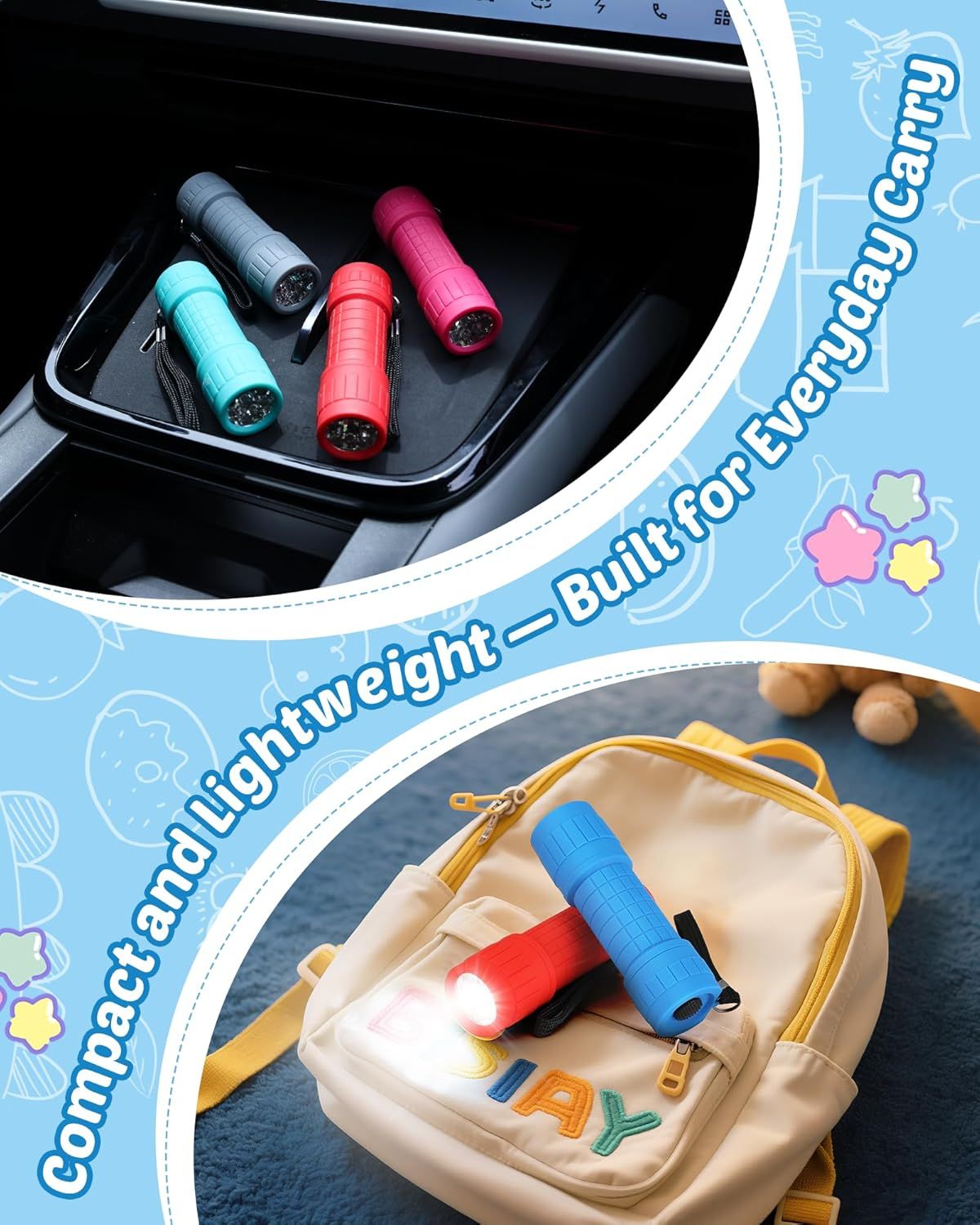 Demonstrates that the flashlights are compact and lightweight, making them ideal for everyday carry in cars, backpacks, and bags for various situations.