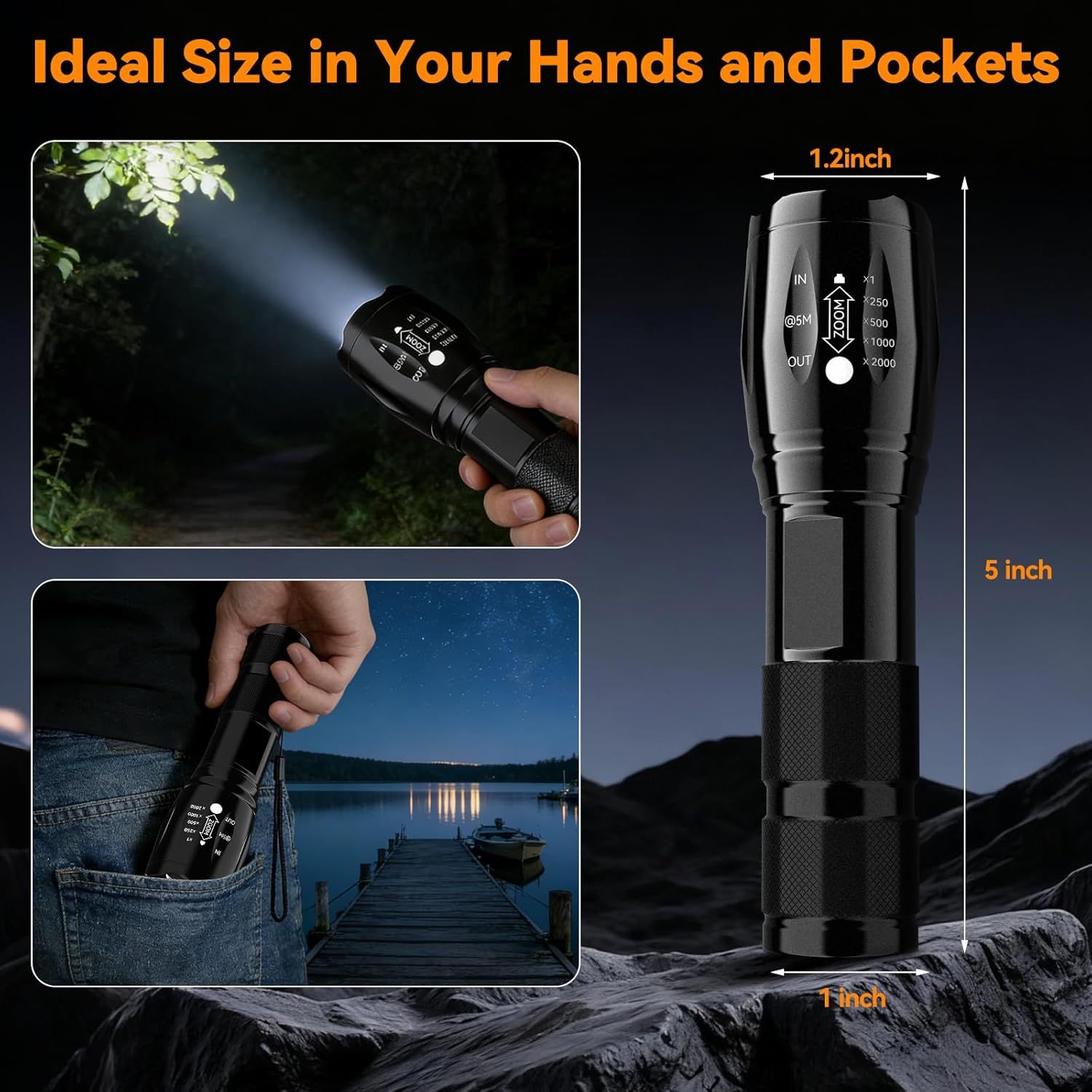 Communicates the flashlight's portable, pocket-friendly dimensions (5 inches x 1.2 inches x 1 inch) to reassure shoppers it's easy to carry and store. Reinforces the benefit of portability by…