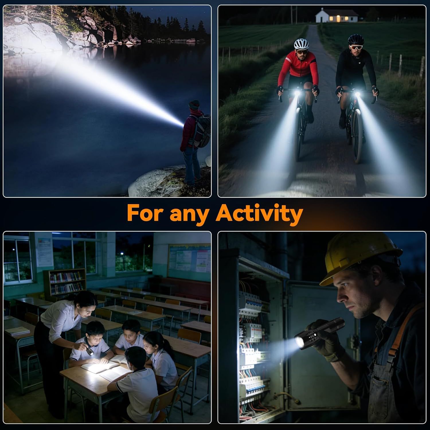 Demonstrates the product's versatility by showing it being used across multiple real-world scenarios—hiking, cycling, classroom work, and electrical work—to reassure shoppers that it's suitable for…
