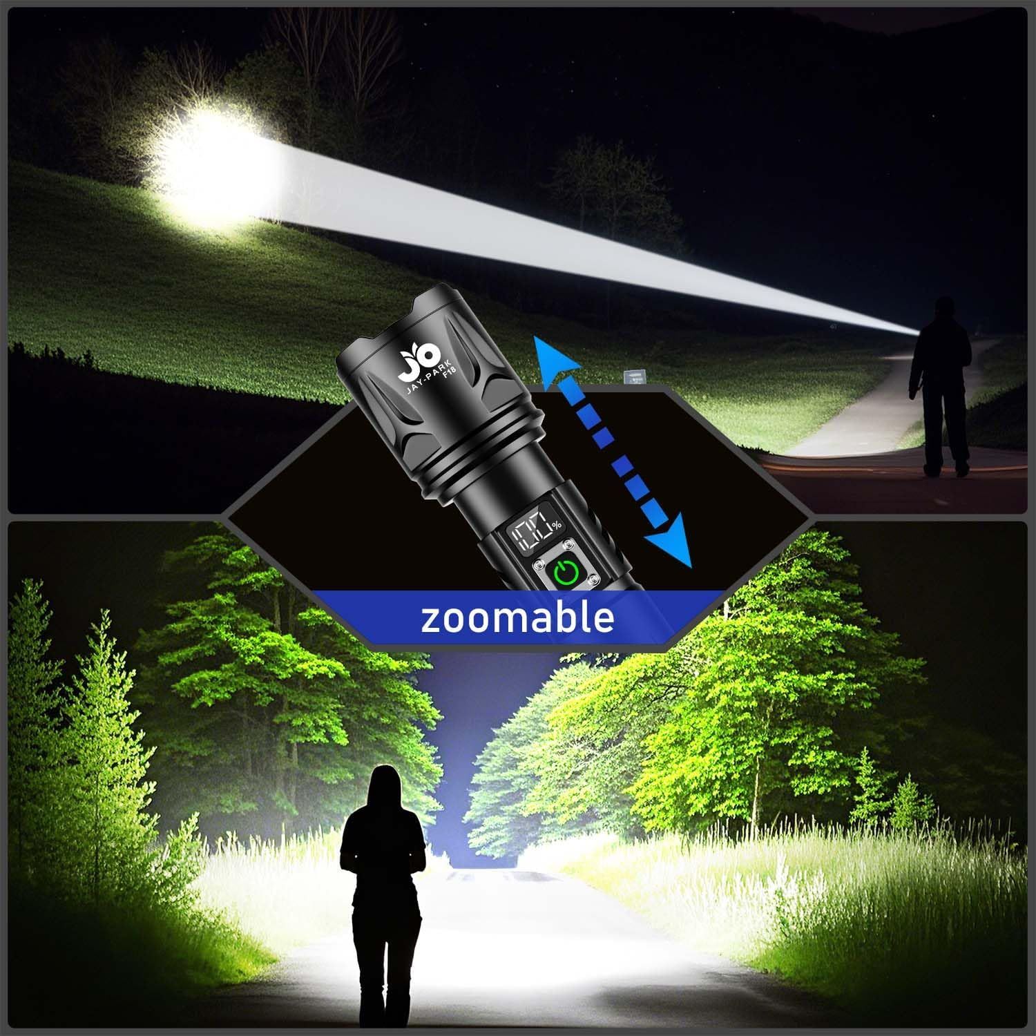Demonstrates the flashlight's adjustable zoom capability, showing how it can focus or widen the beam for different lighting needs in outdoor scenarios.