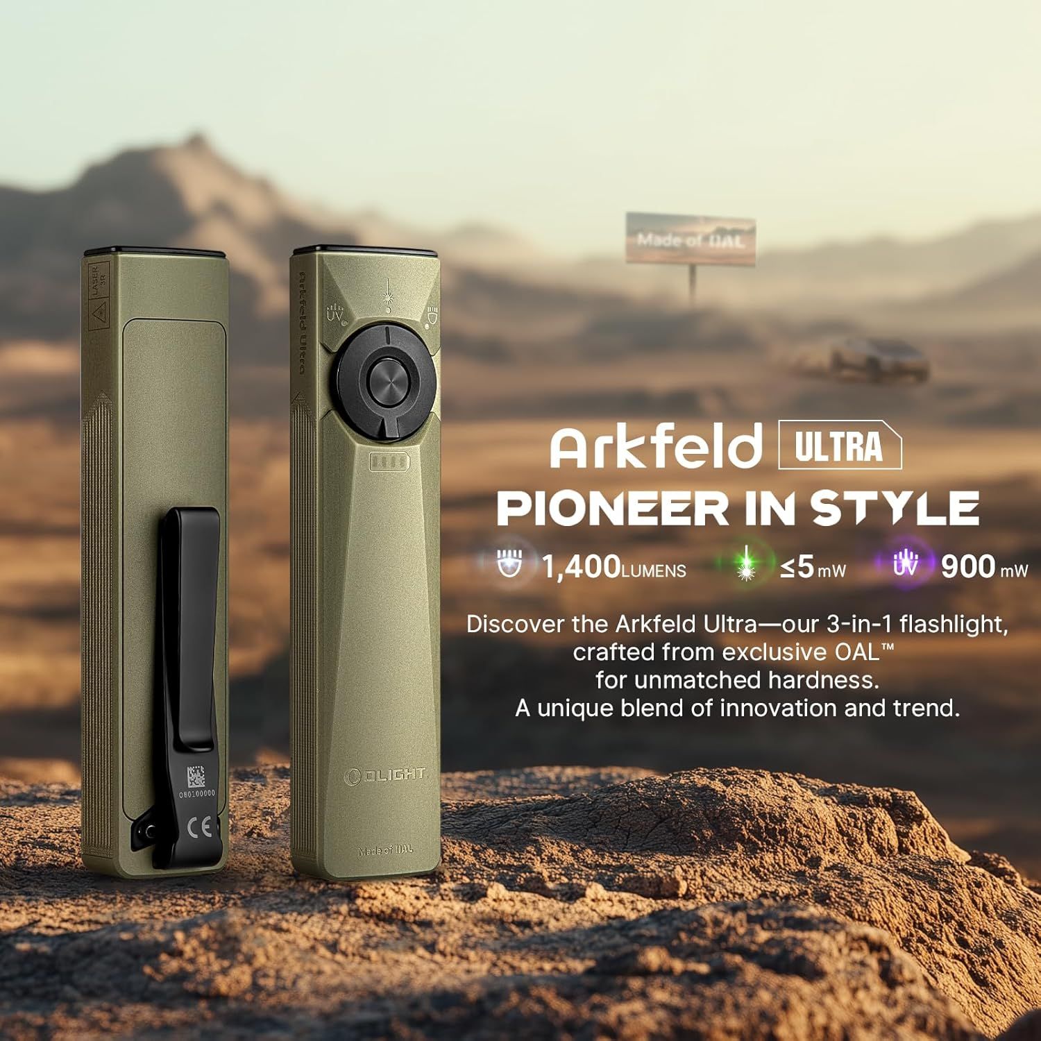 Showcases multiple technical specifications and benefits of the Arkfeld Ultra flashlight, emphasizing its brightness, laser capability, UV light, premium OAL material construction, and versatile…