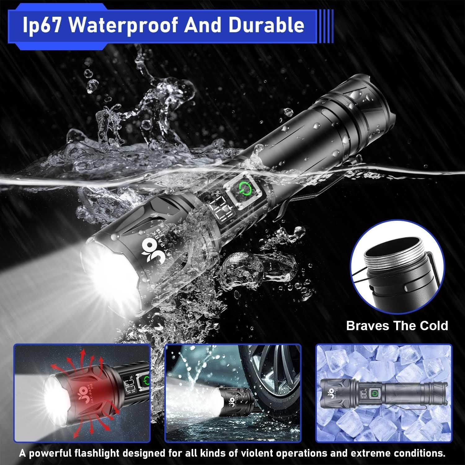 Demonstrates the flashlight's ability to withstand extreme conditions including water submersion, impact, and freezing temperatures, reassuring shoppers of its rugged reliability.