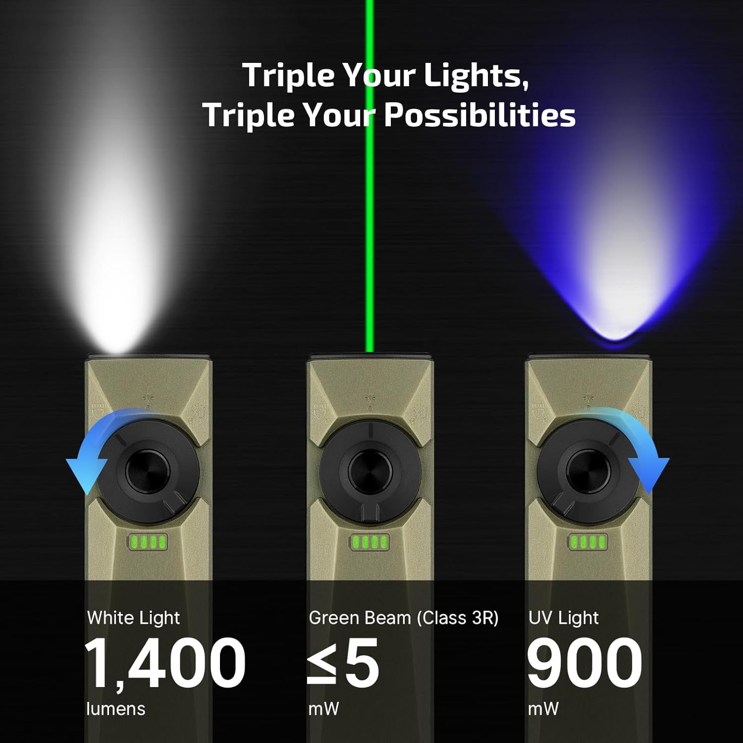 Demonstrates the product's three distinct lighting modes with specific performance metrics to show versatility and capability across different use cases.