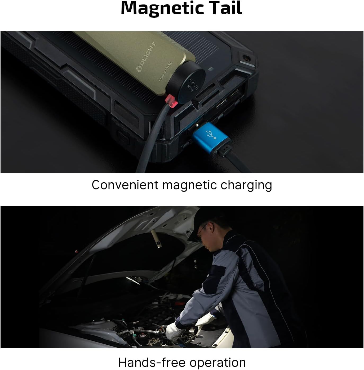 Demonstrates the magnetic tail feature that enables convenient magnetic charging and hands-free operation, showing the product's versatility and ease of use in automotive/repair scenarios.