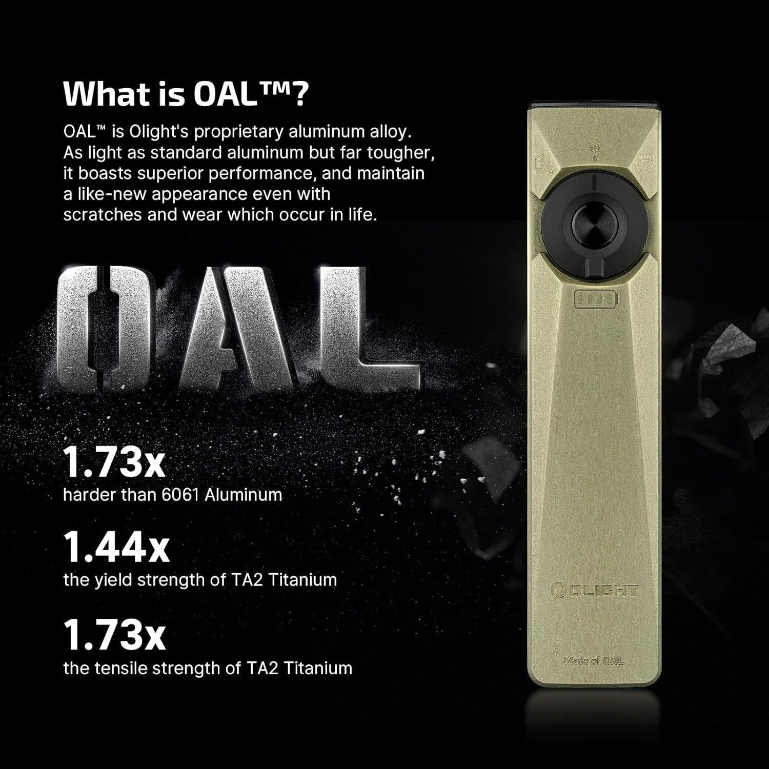 Communicates the superior strength and durability of the proprietary OAL aluminum alloy through quantifiable performance metrics comparing it to standard aluminum and titanium. Highlights the…