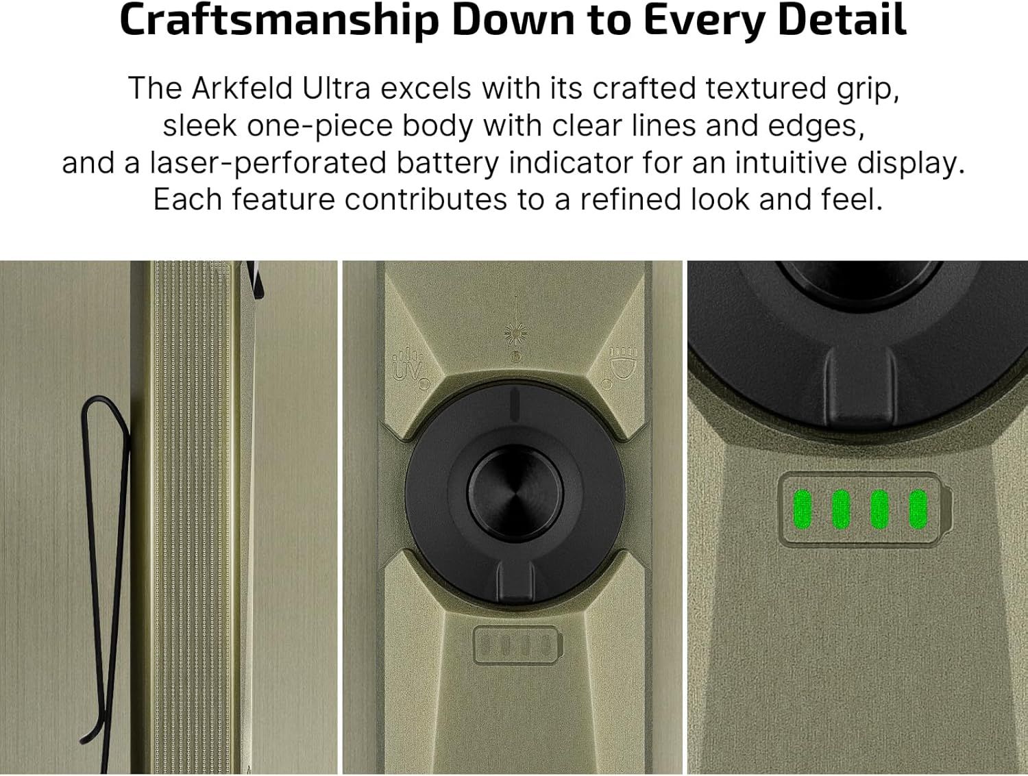 Highlights the craftsmanship and specific design details of the product—textured grip, sleek body construction, and intuitive battery display—to communicate premium quality and thoughtful…