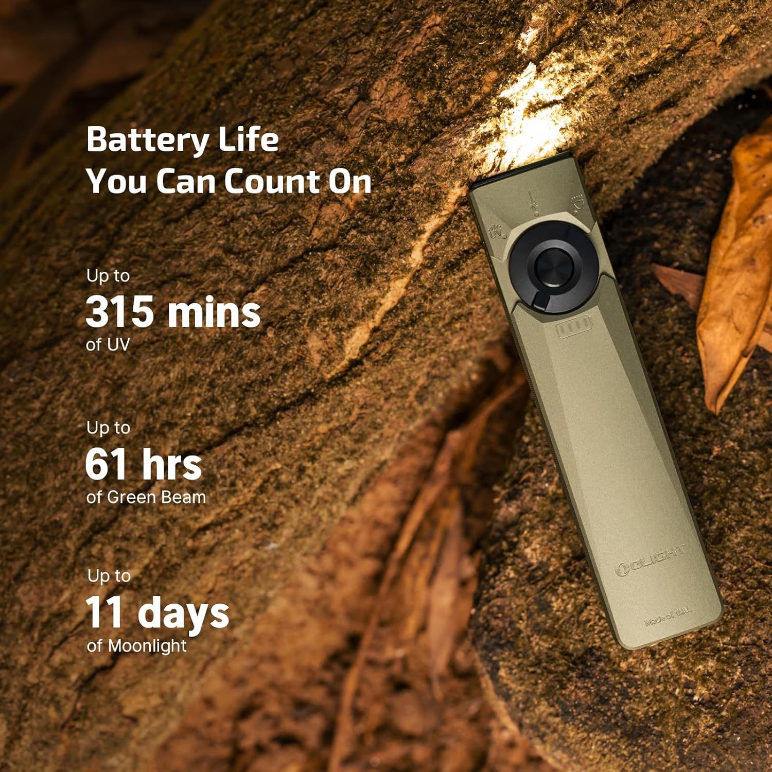 Communicates the product's impressive battery performance across multiple modes (315 mins UV, 61 hrs Green Beam, 11 days Moonlight) to reassure shoppers of reliable, long-lasting power for outdoor…