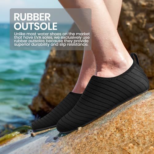 Highlights the rubber outsole feature to communicate superior durability and slip resistance, reassuring shoppers that the water shoes are built for safety and longevity in wet environments.