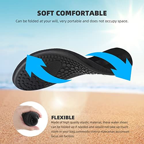 Communicates the product's flexibility and portability, reassuring shoppers that the water shoes are comfortable, easy to pack, and space-saving for travel.