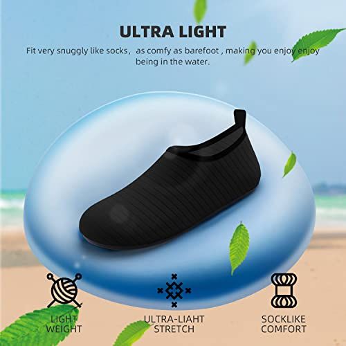 Communicates the product's ultra-light weight and sock-like comfort to reassure shoppers that the water shoes are comfortable and easy to wear for extended periods in water.