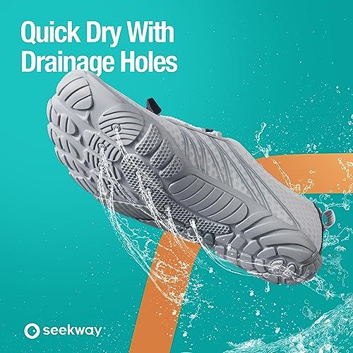 Highlights the drainage holes feature that allows water to quickly escape, reassuring shoppers that the shoe dries fast and is ideal for water activities.