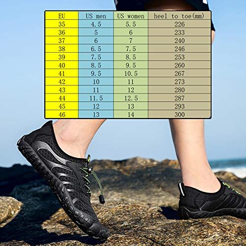 Provides a comprehensive size conversion chart showing EU, US men's, US women's, and heel-to-toe measurements to help shoppers select the correct shoe size.