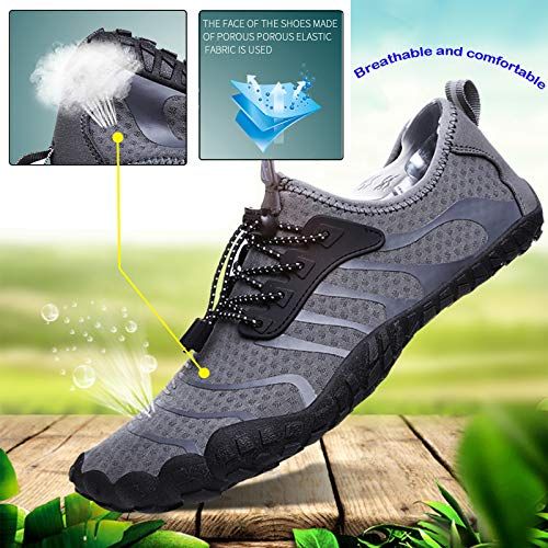 Communicates multiple key benefits of the shoe including breathability, comfort, and water-resistant materials through a segmented visual layout with callouts.