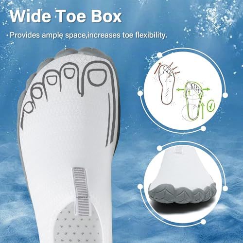 Communicates that the footwear provides a wide toe box design that offers ample space and increases toe flexibility, reassuring shoppers about comfort and foot health.