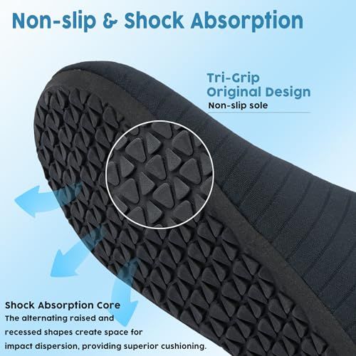 Breaks down the physical components of the shoe sole to show how the non-slip tread pattern and shock absorption core work together to provide safety and comfort. Highlights two distinct…
