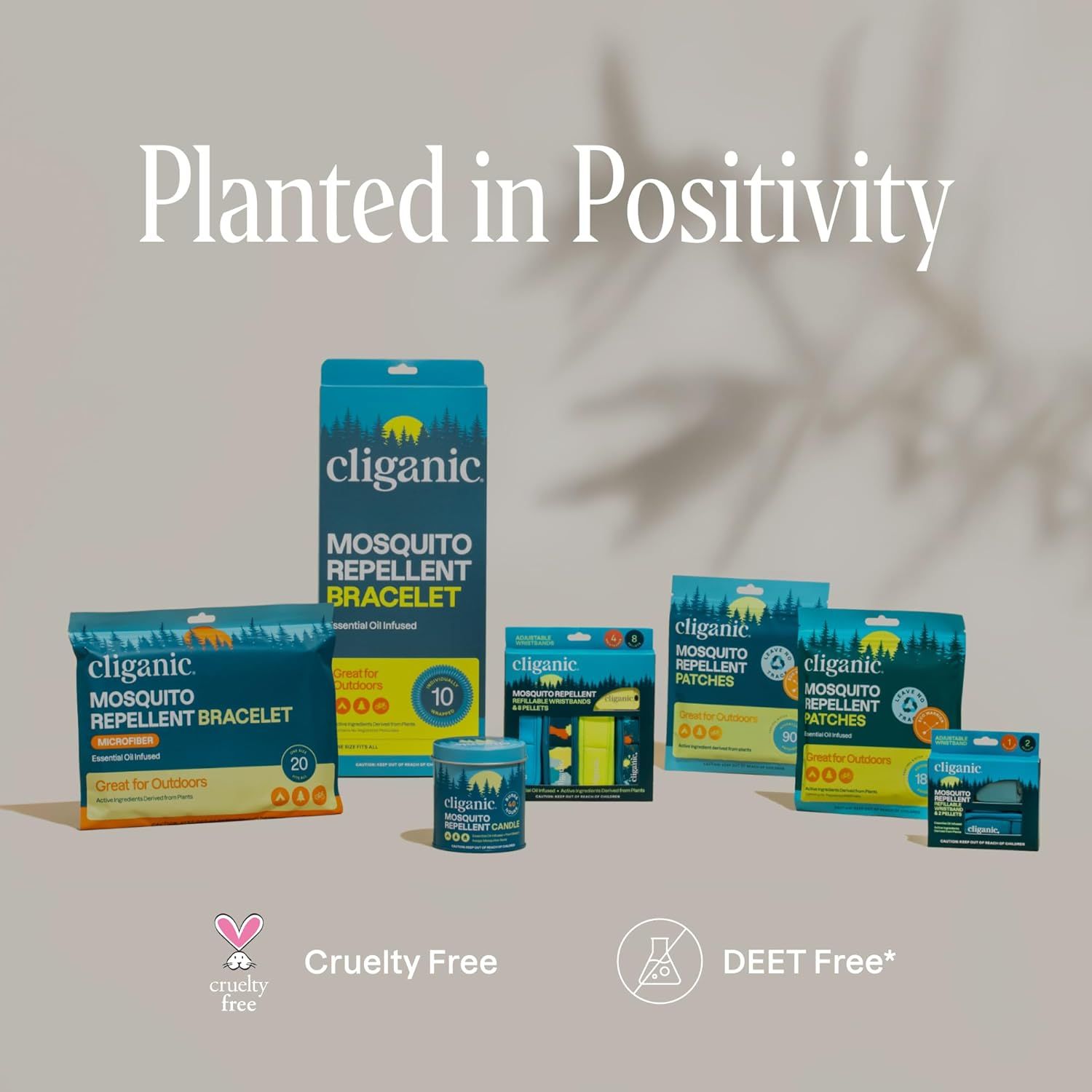 Showcases the Cliganic brand's full mosquito repellent product lineup while emphasizing brand values of positivity, cruelty-free, and DEET-free formulations to build trust and help shoppers…