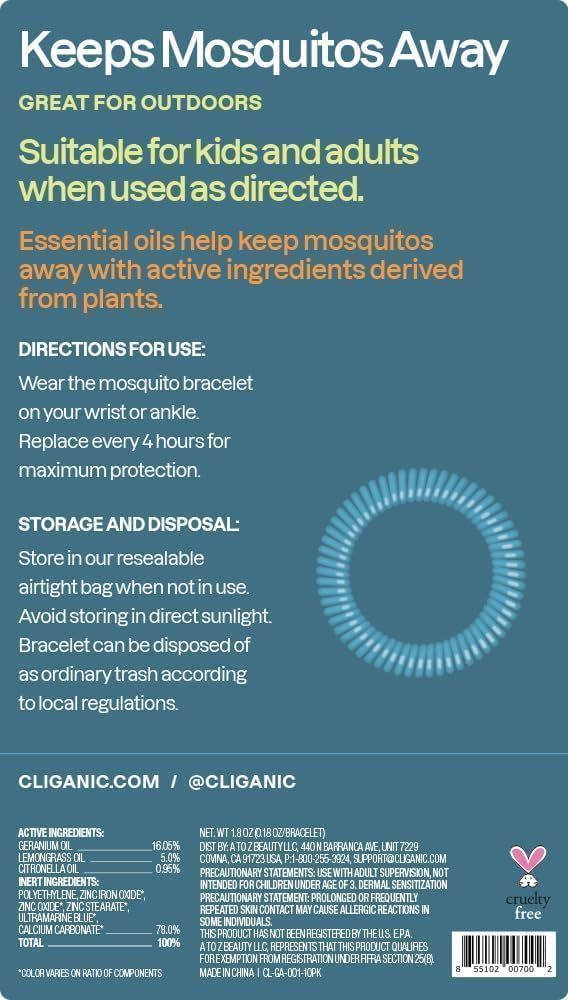 Communicates multiple distinct benefits and features of the mosquito bracelet including its effectiveness, safety for all ages, natural ingredients, and detailed usage and storage instructions in a…