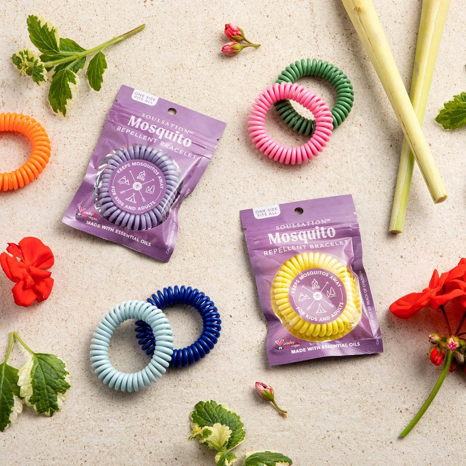 Displays the brand's full range of mosquito repellent bracelet color options to help shoppers choose their preferred style while reinforcing the product line's variety and appeal.