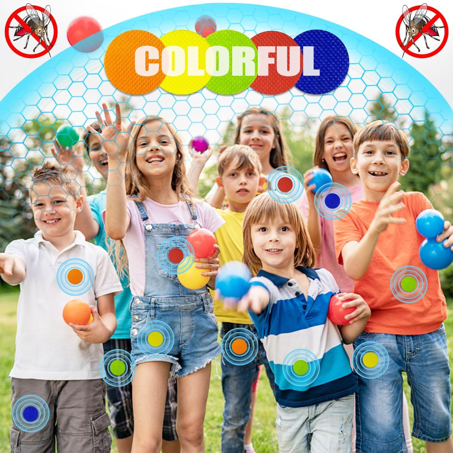 Communicates that the product is colorful, fun, and provides mosquito protection for children's outdoor activities.