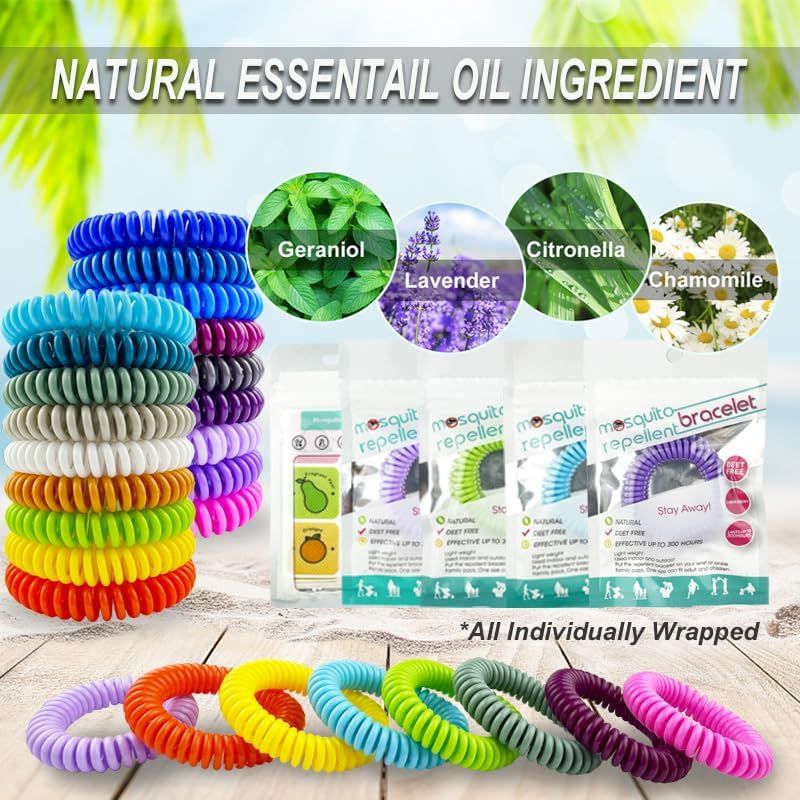 Communicates multiple selling points of the mosquito repellent bracelets: natural essential oil ingredients (Geraniol, Lavender, Citronella, Chamomile), variety of color options, and individual…