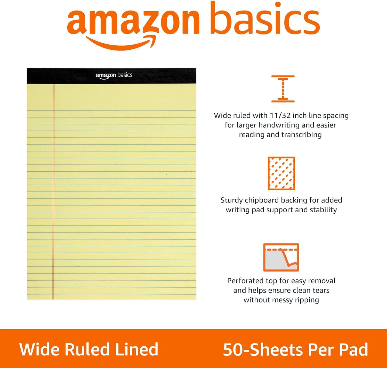 Communicates three distinct product benefits in a segmented layout: wider line spacing for easier writing, sturdy backing for stability, and perforated top for clean sheet removal.