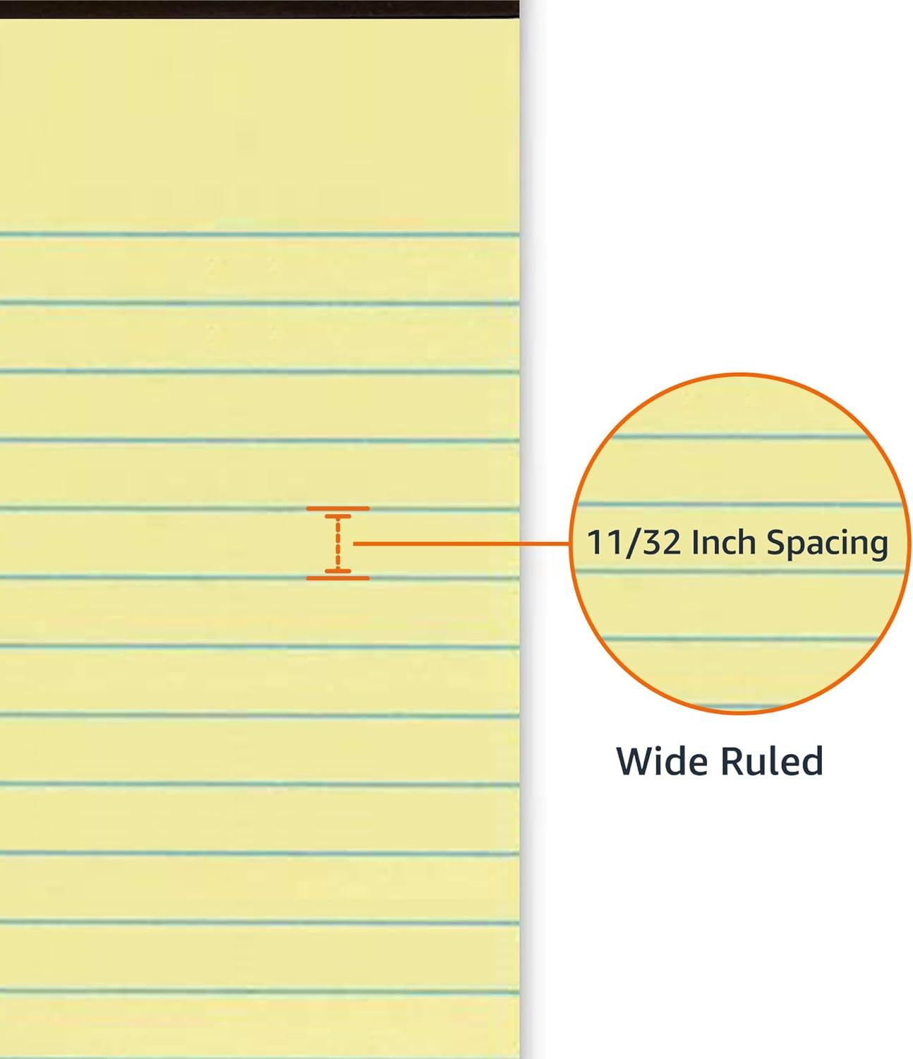 Communicates the precise line spacing (11/32 inch) of the wide-ruled paper to help shoppers understand the physical dimensions and suitability for their writing needs. Highlights the wide-ruled…