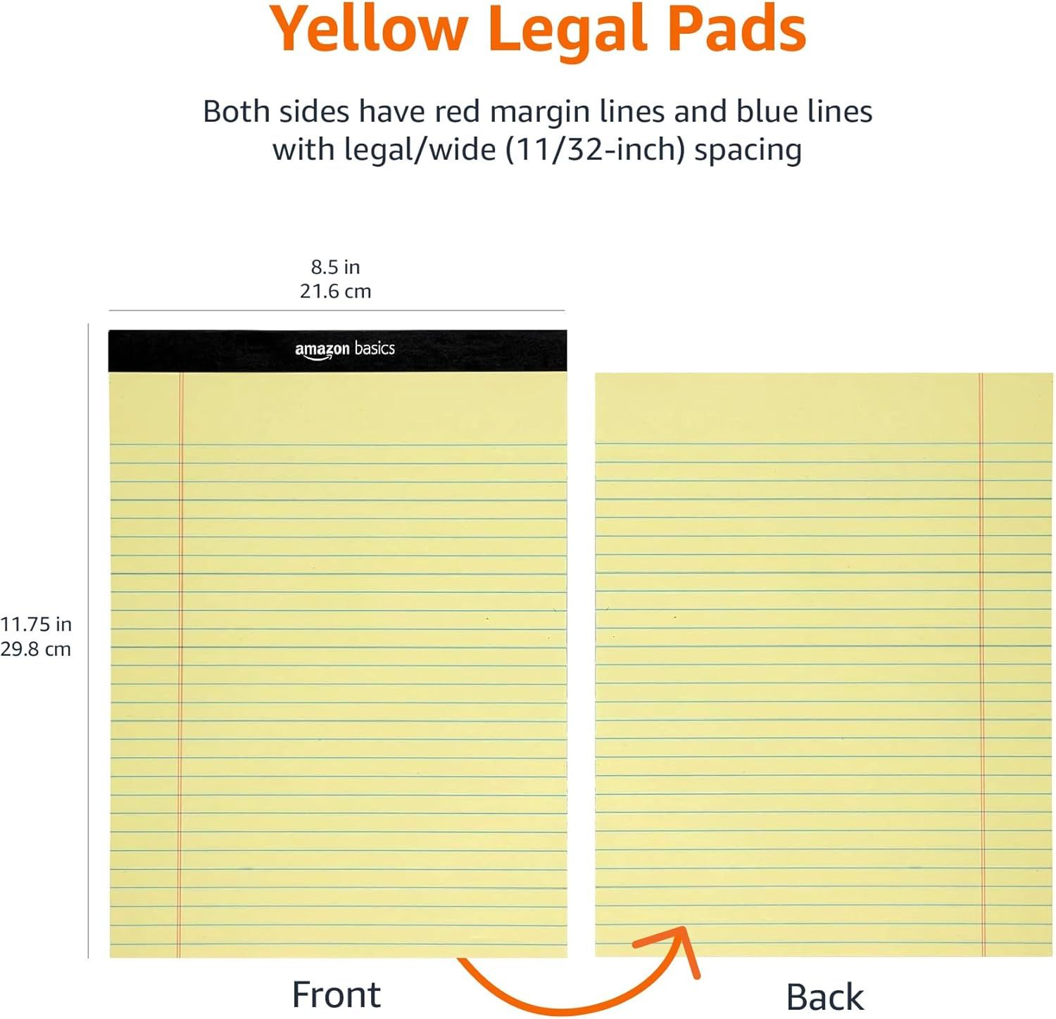 Communicates the exact physical dimensions of the legal pads (8.5 x 11.75 inches / 21.6 x 29.8 cm) to help shoppers understand the product size before purchase. Highlights that both sides of the pad…