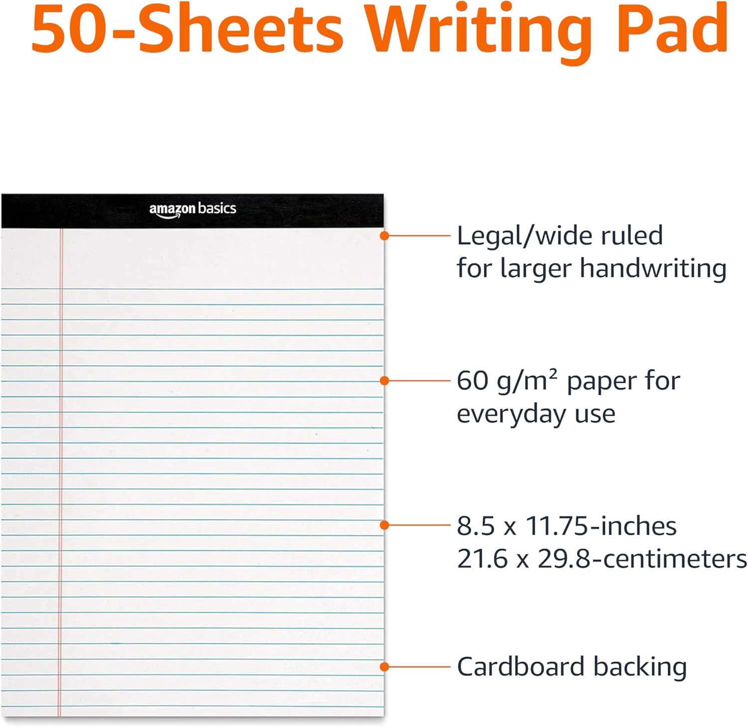 Breaks down the physical components and specifications of the writing pad to help shoppers understand the product's construction, paper quality, ruling type, size, and backing material.