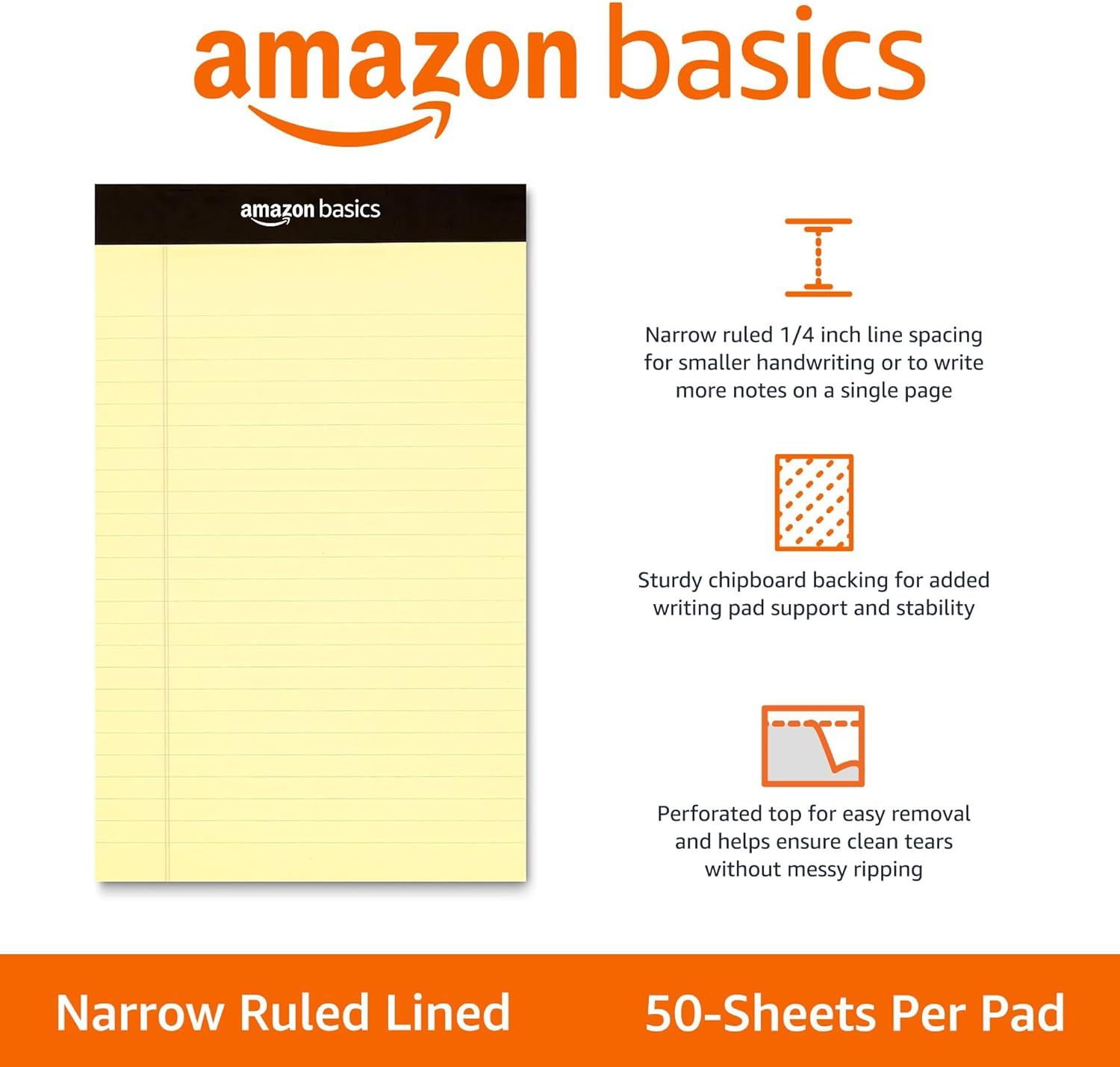 Highlights three distinct product features (narrow ruling, sturdy backing, and easy-tear perforation) to communicate the notepad's quality and functionality to shoppers.