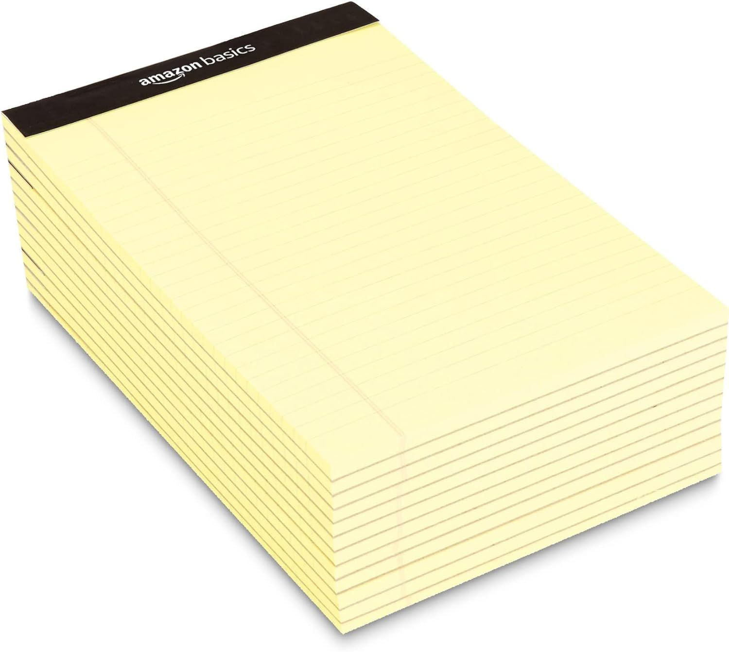 Provides a clean, catalog-style view of the Amazon Basics legal pad stack to show the product clearly without distractions.