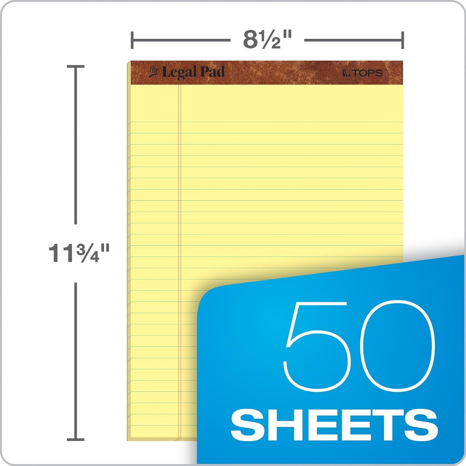 Communicates the exact physical size of the legal pad (8.5 inches by 11.75 inches) to help shoppers understand the product dimensions before purchase. Highlights the quantity of 50 sheets included…