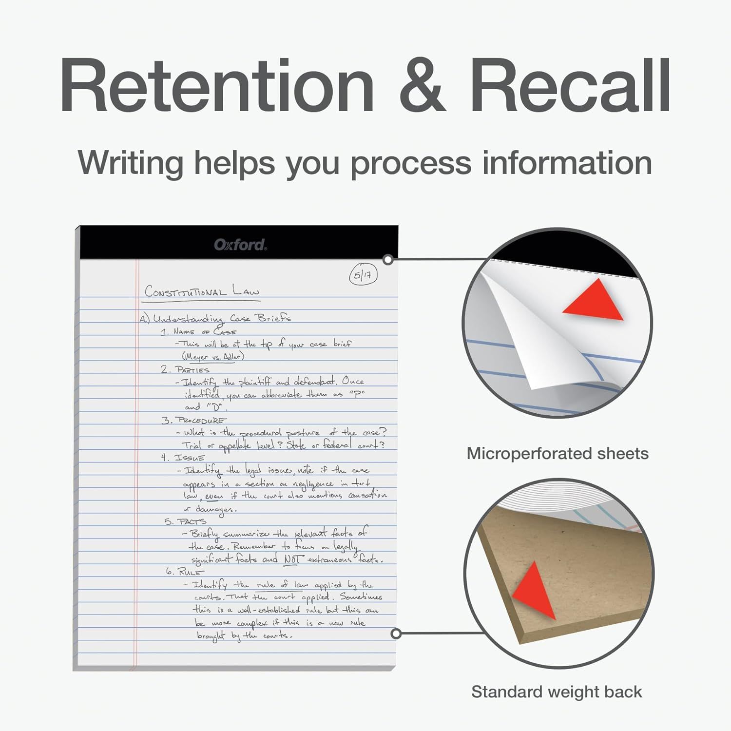 Highlights the physical construction features of the notebook, specifically the microperforated sheets for easy tearing and the standard weight backing for durability, reassuring shoppers about the…