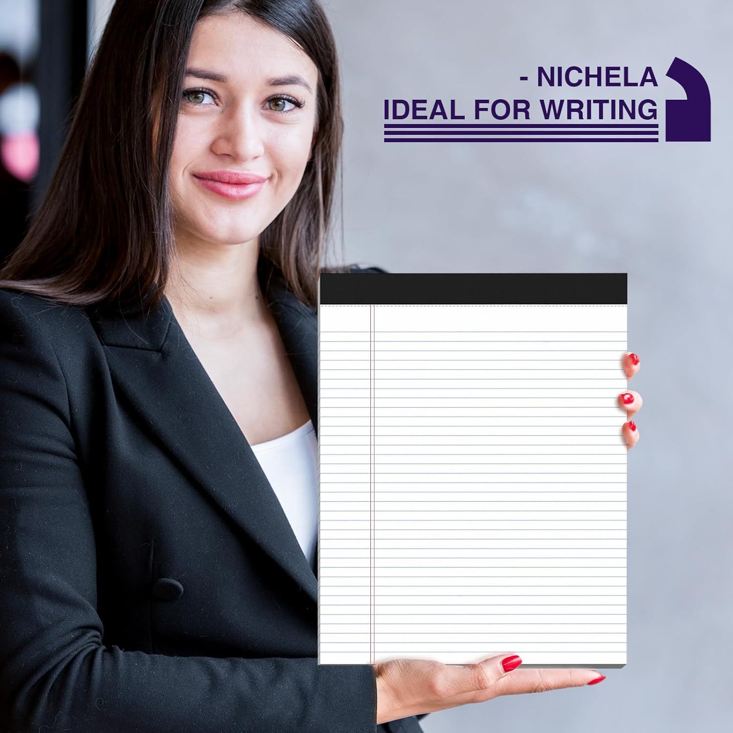 Builds trust and social proof by featuring a customer named Nichela who endorses the product as ideal for writing, creating emotional connection with potential buyers.
