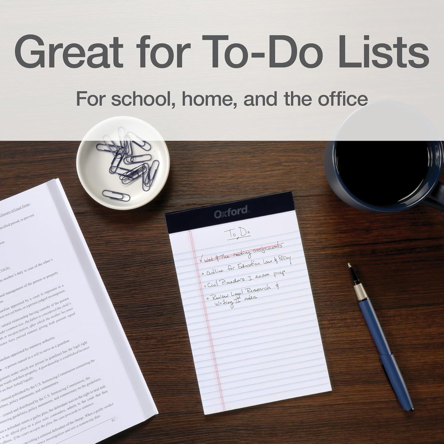 Demonstrates the versatility of the notepad by showing it can be used in multiple environments and contexts (school, home, and office) to reassure shoppers of its broad utility.